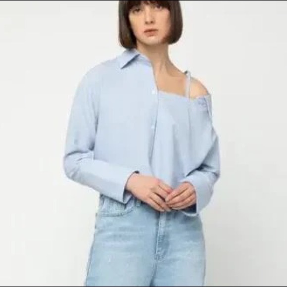 NWOT Oak + Fort Off-Shoulder Blouse in Blue/White Stripes - Picture 1 of 7